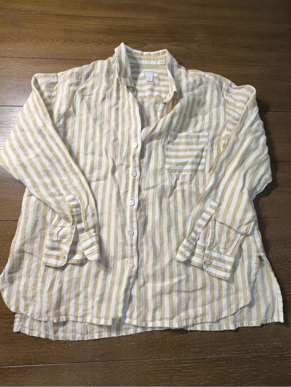 J Jill Love Linen 100% Linen Button Shirt Tan White Striped Coastal Petite XS